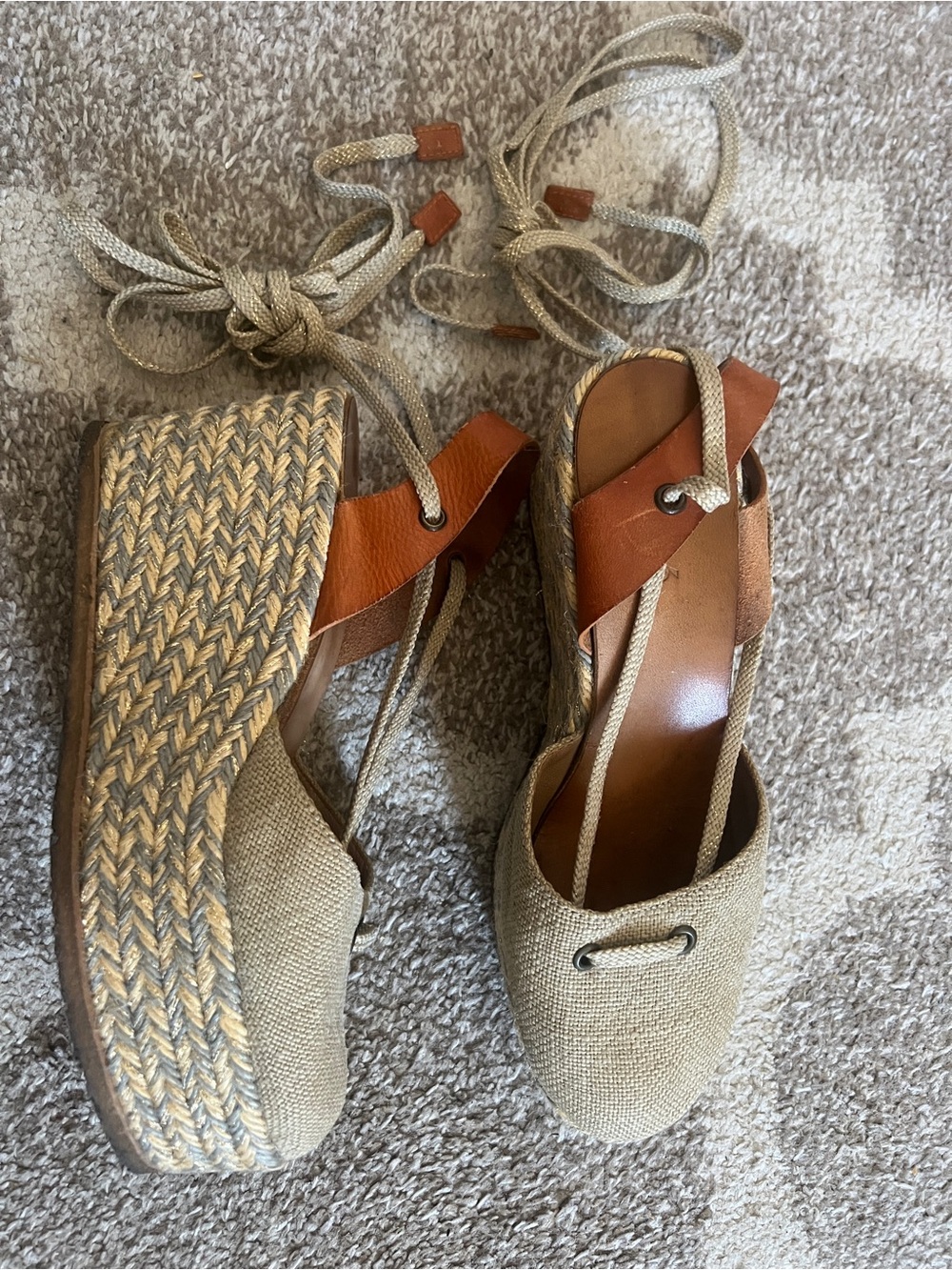 Chloé Woven and Leather Platform Espadrilles Wedge Sandals with Lace Ties
